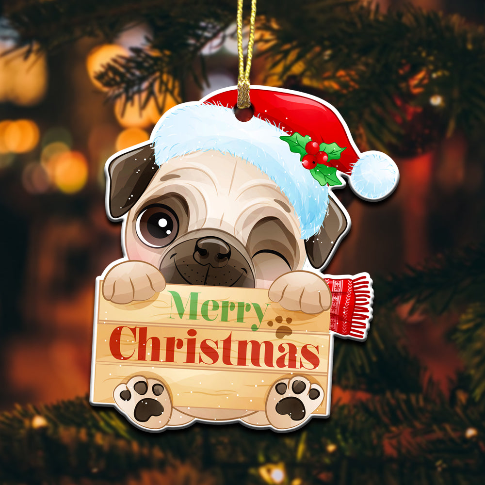 Pug Dog Holding a Christmas Present Ornament